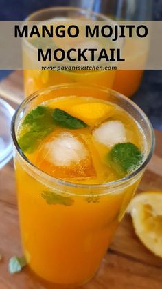 mango mojito cocktail with mint garnishes and lime on the side