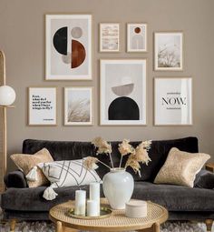 a living room filled with furniture and pictures on the wall above it's coffee table