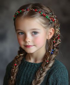 For a simple yet eye-catching look, use glittered gel to create a sleek side part. Hairstyle For Kids, Christmas Hairstyle, Double French Braids, Hair To One Side