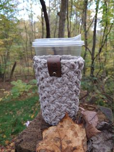 a cup cozying on top of a tree stump in the woods