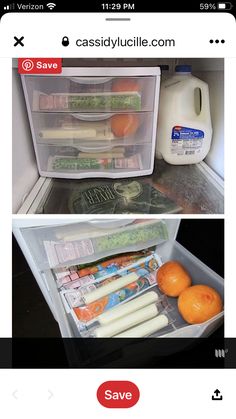 an open refrigerator door with food inside and in the freezer, which is filled with oranges