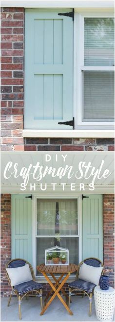 two chairs and a table in front of a window with the words, diy craftsman style shutters