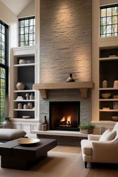 30 Elegant Fireplace with Built Ins on Each Side Inspirations for Luxurious Home Decor Fireplace With Window Above, Chimney Wall Ideas, Tall Fireplace, Cabin Fireplace, High Ceiling Living Room, Fireplace Built Ins, Casa Country, Fireplace Remodel