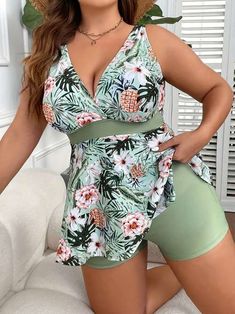 Green Floral Print Tropical Tankini, Underwire Tropical Print Swimwear For Beachwear, One-piece Tropical Print Tankini For Beachwear, Tankini With Shorts, Beach Ware, Tropical Print Swimwear, Short Length, Beach Floral, Floral Print Sleeveless Beach Cover-up Swimwear, Tankini Swimsuit