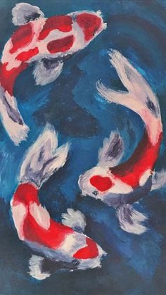 a painting of two red and white koi fish swimming in blue water with dark background