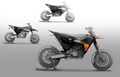 three different views of a dirt bike on a white background, including the front wheel and rear tire