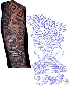 an arm with some tattoos on it and another drawing in blue ink next to it