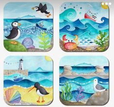 four square coasters with sea animals and seashells on the bottom one has an ocean scene