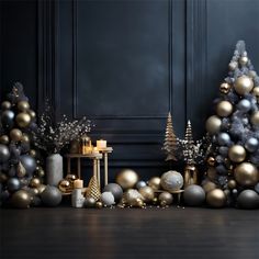 a room with christmas trees and ornaments on the floor