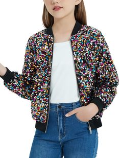 PRICES MAY VARY. Sparkling Fashion Jacket: Symmetrical sequins on both sides and drop shoulders bomber style jacket with two hidden side pockets, a loose and fashionable style that will always get you noticed Ribbed Design: The cuffs, hem and collar of this jacket are made of soft, stretchy ribbed material with a stylish, contrasting trim that always keeps you comfortable Comfotable Lining: Sparkling sequin jacket with full front zipper closure and lining to ensure a comfortable fit and prevent Multicolor Sequins, Fitted Long Sleeve, Sequin Jacket, A Jacket, Workout Jacket, Look Fashion, Sequin, Bomber Jacket, Coats Jackets