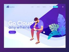 a man sitting on the ground in front of a purple and blue background with text that reads go cloud anywhere