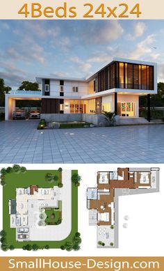 the floor plan for a modern house with 4 beds, 2 bathrooms and an attached garage