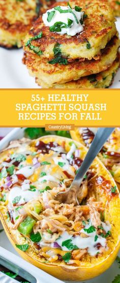 three different types of food on plates with the title overlay reading 5 healthy spring squash recipes for fall