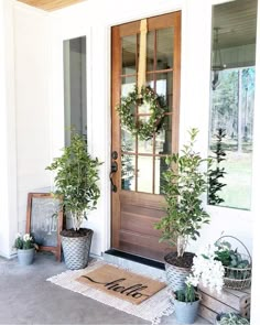 two potted plants sit on the front porch next to a door with a welcome mat