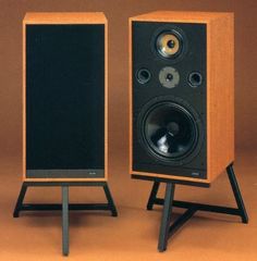 two speakers sitting side by side next to each other on top of a wooden stand