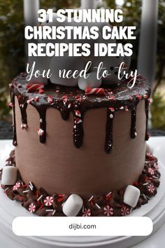 there is a chocolate cake with candy on it and the words, 31 stunning christmas cake recipes you need to try