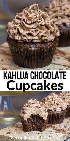 Chocolate kahlua cupcakes, topped with chocolate frosting. Kahlua Cupcakes, Kahlua Recipes, Alcoholic Desserts, Chocolate And Coffee, Boozy Desserts, Gourmet Cupcakes, Gateaux Cake