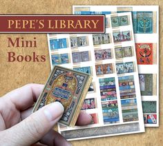 a person holding a small book in front of a pile of books with the title pee's library mini books