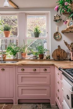 a kitchen with pink cabinets and plants on the window sill in front of it