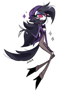 an image of a cartoon character with black hair and purple clothes, holding her legs in the