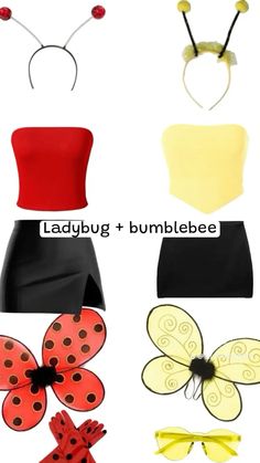 four different types of clothes with ladybug and bumblebee