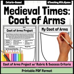 a poster with the words medieval times coat of arms and a hand holding a pencil