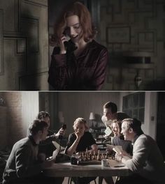 two pictures of people sitting at a table playing chess and one is talking on the phone