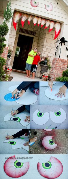 some people are doing crafts in front of a house with fake eyeballs on it