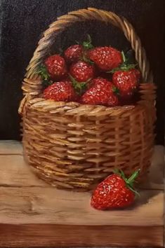 a painting of strawberries in a basket