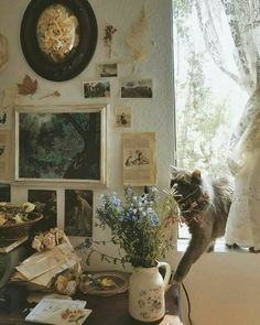 there is a cat that is standing on the table in front of some pictures and flowers