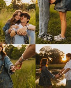 two people holding hands while standing next to each other in tall grass with trees and water behind them