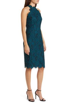 Exquisite and enchanting, this all-lace dress is styled to showcase your shoulders and herald many special nights out. 41" center front length (size 8) Mock neck Lined 43% nylon, 29% cotton, 28% rayon Dry clean Imported Formal Lace Dress With Scalloped Lace And Fitted Bodice, Formal Sleeveless Dress With Delicate Lace, Sheath Lace Dress With Lace Trim For Evening, Fitted Bodice Knee-length Lace Dress, Fitted Lace Sheath Dress, Fitted Delicate Lace Dress For Formal Occasions, Fitted Gala Dress With Delicate Lace, Fitted Dress With Delicate Lace For Gala, Fitted Delicate Lace Dress For Gala