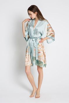 This short silk kimono robe is a luxurious, handcrafted piece of art you can wear. Removable waist tie closure Belt loops and inside ties to secure closure French seam finish Side slits at hem 100% Silk, Dry clean Designed in San Francisco, Imported KM04S Every day is a little more beautiful in this luxurious, breathably soft, one of a kind watercolor robe. Each piece features an original pattern — first sketched by hand, then saturated in rich watercolors using a traditional paintbrush — so jus Silk Robe Short, Feather Kimono, Short Kimono Robe, Robes For Women, Kimono Robes, Silk Kimono Robe, Kimono Wrap, Beautiful Kimonos, Short Kimono