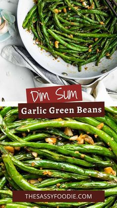 green beans with garlic and seasoning in a white bowl next to a plate full of them