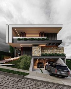 a car parked in front of a modern house