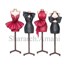 three mannequins with red and black dresses on them, one is wearing a bow