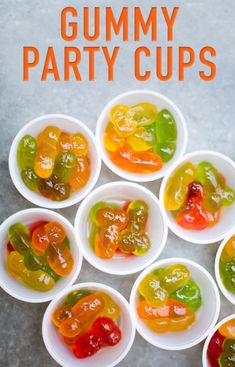 the gummy cups are filled with different colored gummy bears, and there is text overlay that says gummy party cups