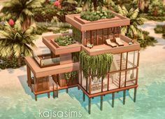 an artist's rendering of a tropical house on stilts