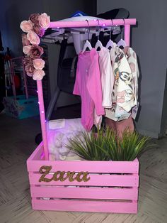 a pink wooden box with clothes hanging on it and a potted plant in the middle