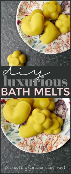 two plates filled with yellow bath melts sitting on top of a black countertop