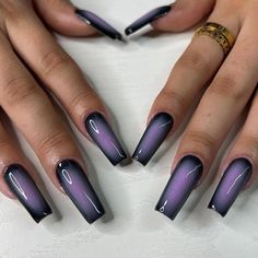 Nail Art Designs Ideas Tips & Inspirationhttps://youtu.be/8nKOHYBxeKI00:02:07#nailart #nails #naildesign #nailartdesigns Goth Acrylic Nails Purple, Purple And Black Acrylic Nails Coffin, Nails Purple And Black Design, Spooky Halloween Nails Purple, Nail Ideas 2023 Black, Different Purple Nails, Black And Purple Ombre Acrylic Nails, Spooky Aura Nails, Black Purple Nails Ideas