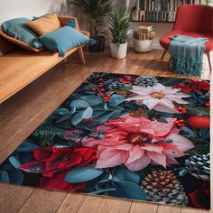 a living room area rug with flowers and pine cones on it