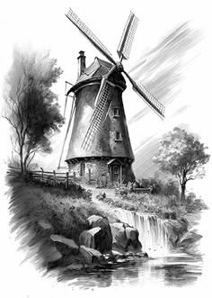 a drawing of a windmill near a river