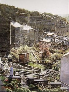 a painting of a man standing on top of a hill looking down at the city