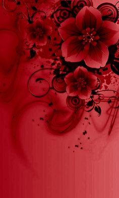 an abstract red background with flowers and swirls