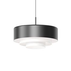 a black and white circular light fixture with two lights hanging from it's side