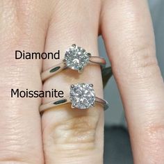 two engagement rings with diamond and moissanite on each one's finger