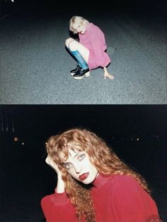 two pictures of a woman sitting on the ground with her head in her hands, and another photo of a woman kneeling down