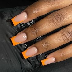 Nails Acrylic Orange Tips, Orange Nails Acrylic Short Square, Orange French Acrylic Nails, Colored Short French Tip Nails, Fall Color Tip Nails, Orange Baddie Nails Short, Square Orange French Tip, Short Orange French Tip, Short Orange French Tip Nails