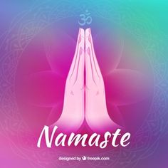 the namaste symbol with two hands in front of a purple and blue background